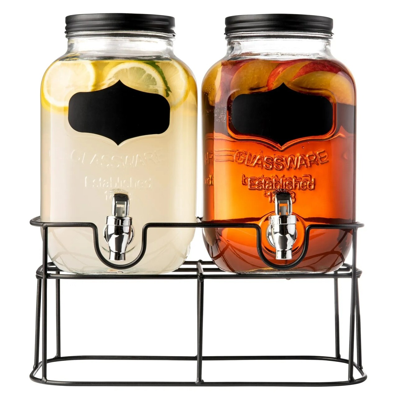 Dual Mason Jar Dispensers 4L | Leakproof Spigots | Clear Glass | Metal stand